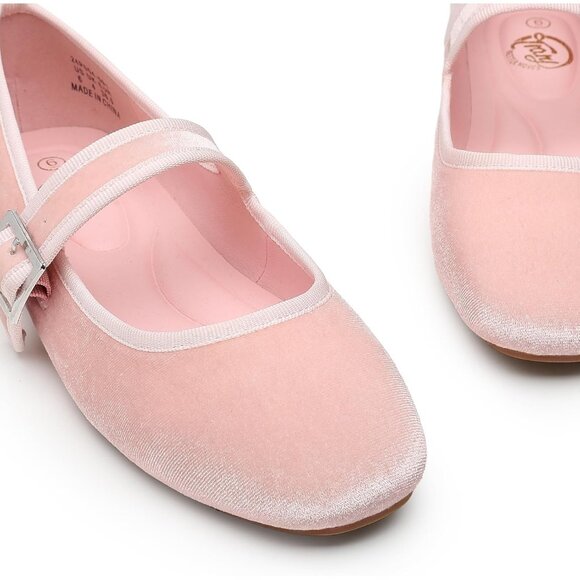 Trary Women's Pink Velvet Square Toe Buckle Strap Ballet Mary Jane Shoes - Picture 3 of 5